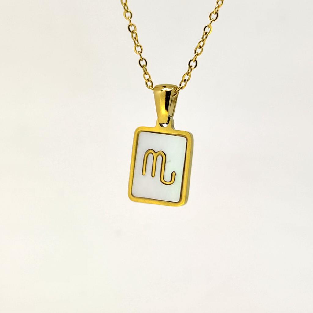1pc Shell Zodiac Sign Necklace, Stainless Steel Square Pendant With White Shell, Perfect For Women