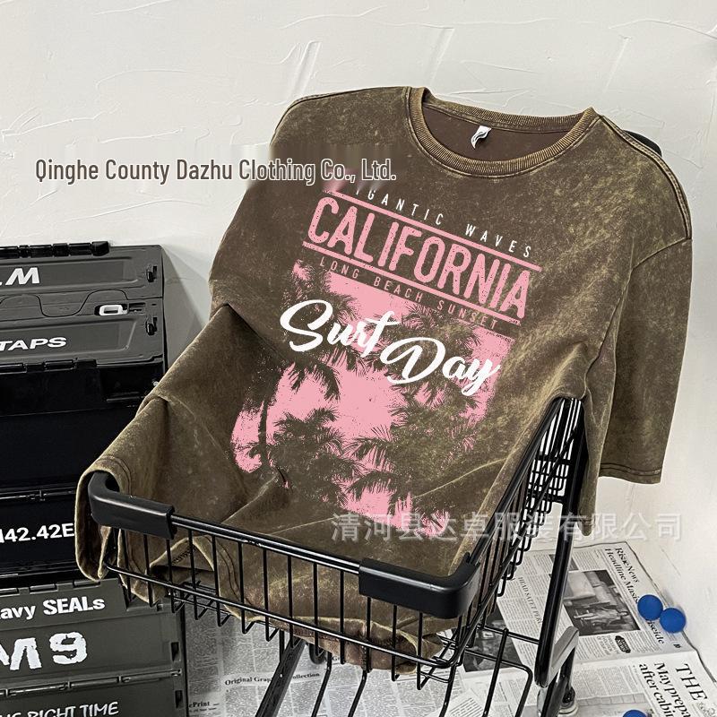 Women's Distressed Washed Cotton T-Shirt - Short Sleeve, Loose Fit, Trendy American Style with Round Neck and Print.