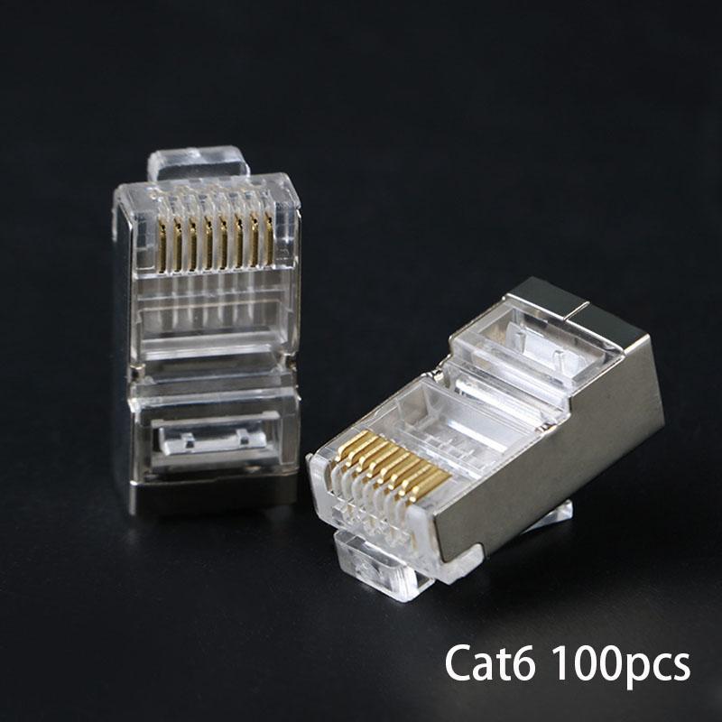 1000Mbps Cat6 Cat5e RJ45 Plug Ethernet Cable Connector Male Lan Network 8P8C STP Shielded Terminals Cat 5 Gold Plated 100pcs