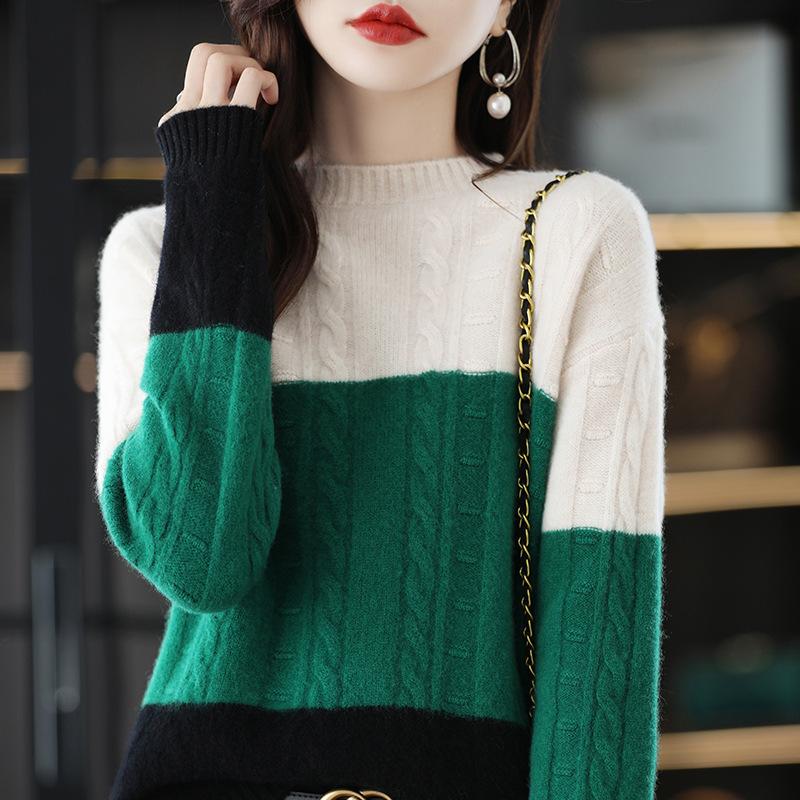 Color matching twist knitted bottoming shirt autumn and winter new loose femininity inner with crew neck sweater women's model