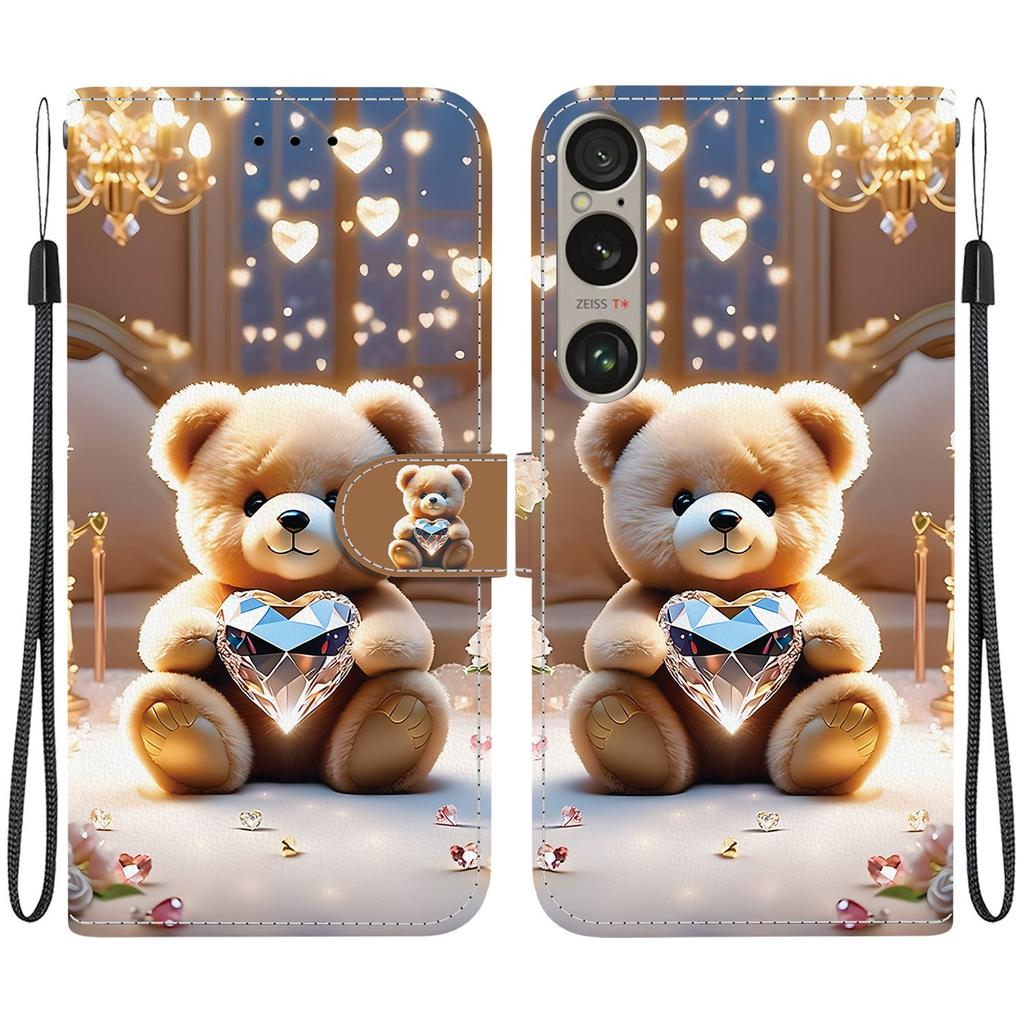 Handmade PU Leather Flip Case for Sony Xperia 1 VI Anti-Slip Shockproof Cover with Wrist Strap & Heart/Rose Cat Designs