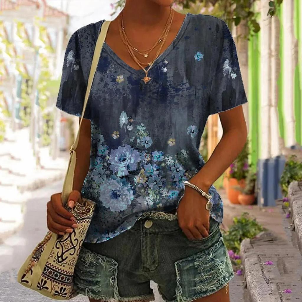 Summer Harajuku Women'S T-Shirt 3d Flowers Print Clothing V-Neck Short Sleeve Tops Fashion Ladies Pullover Oversized Female Tees