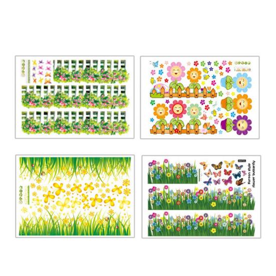 Autocollant d'angle de mur floral herbe verte Fleurs Papillons Base d'herbe Ligne de plinthe Autocollants muraux pour salon chambre à coucher salle à manger