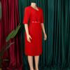 Women Solid Color V Neck Pleated High Waist A Line Mid Length Dress With Belt