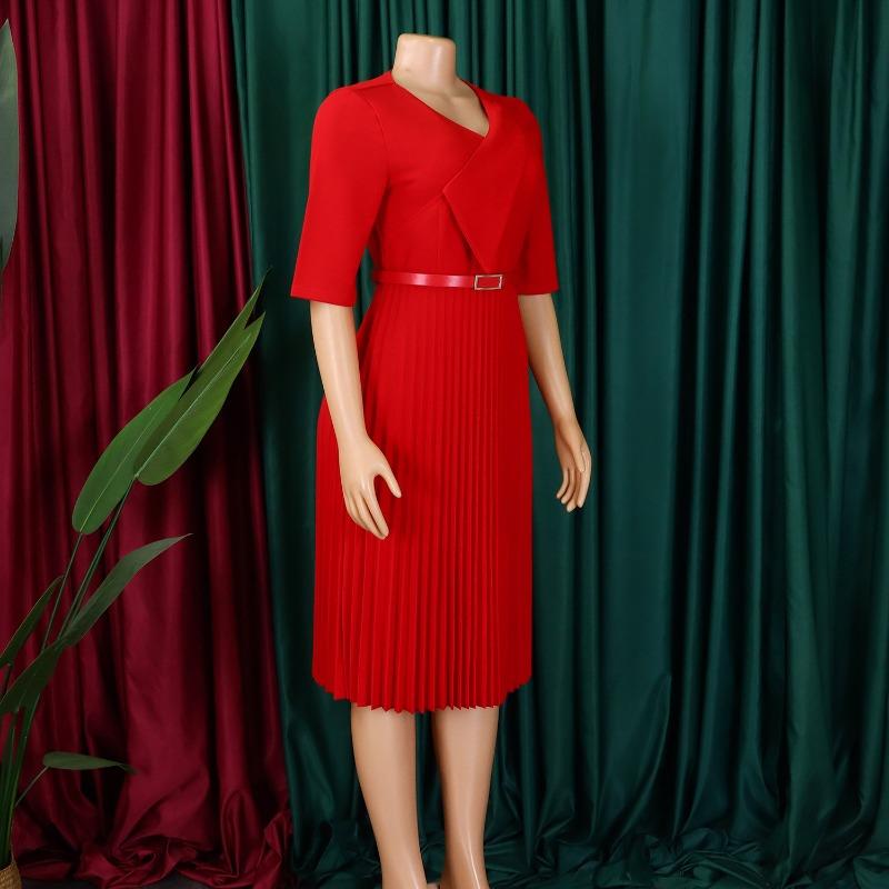 Women Solid Color V Neck Pleated High Waist A Line Mid Length Dress With Belt