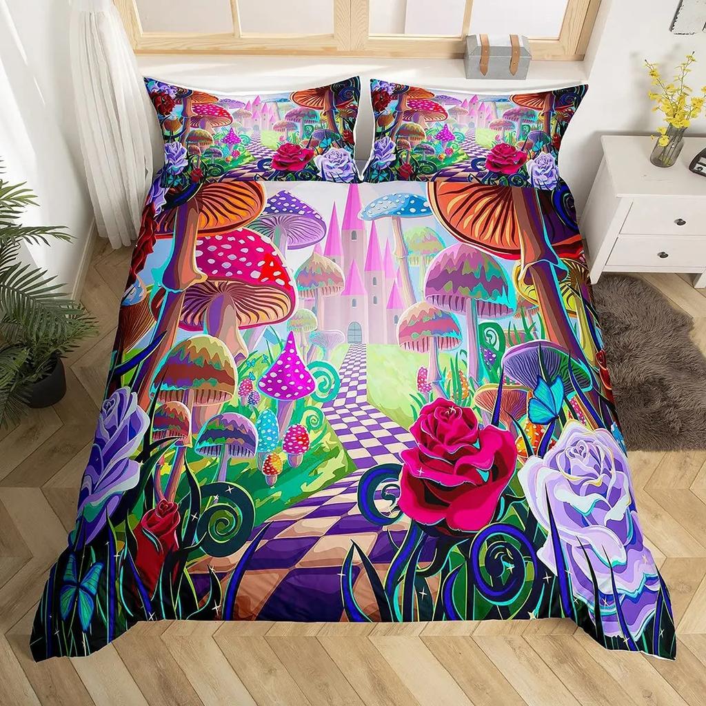 Mushroom Duvet Cover Set Cartoon Castle Bedding Set Microfiber Fungus Botanical Floral Comforter Cover Twin King For Boys Girls