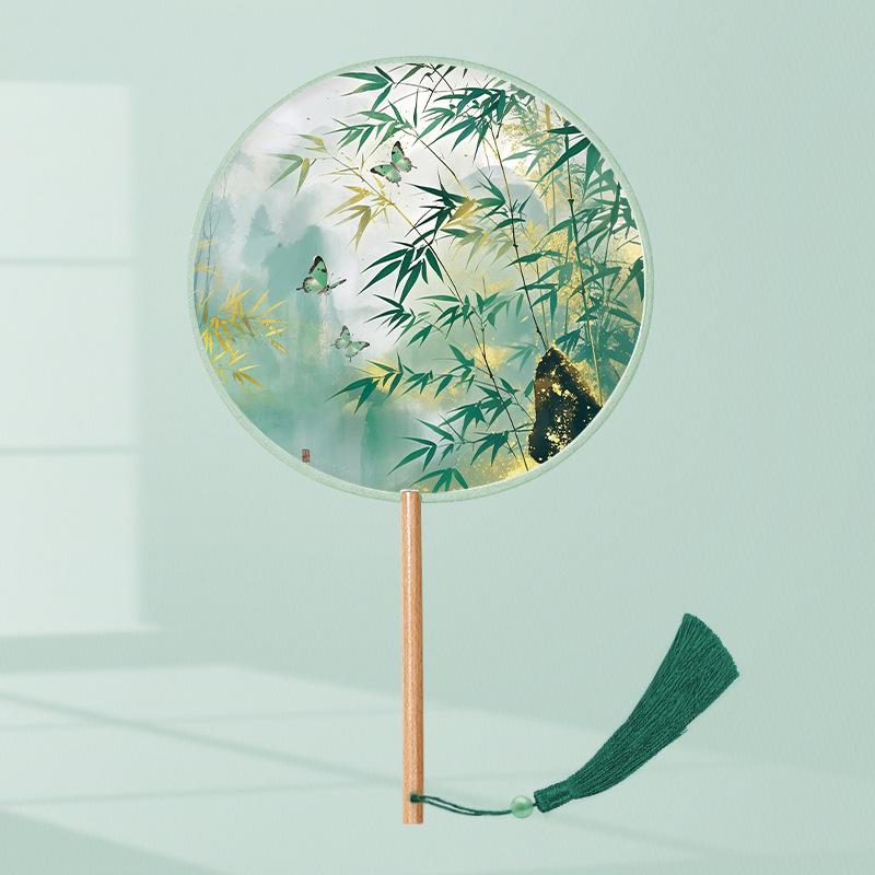 Girls' Summer Hanfu Dance Fan: Long Handle, Double-Sided Embroidered Round Fan for Traditional Costume