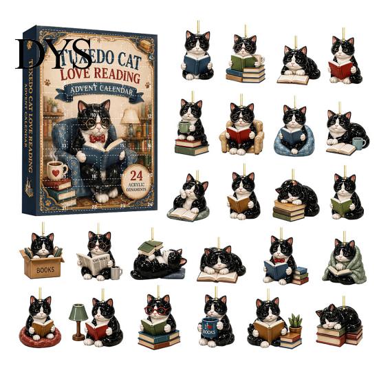 Reusable Holiday Decoration 24 Days Christmas Advent Calendar 2026, 2D Acrylic Reading Cats/Dogs/Forest Animals Surprise Unboxing Gift Ornament