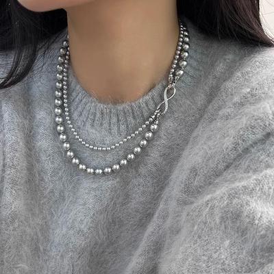 Shijia Pearl Double-Layered Necklace with Detachable 8-Shaped Buckle – Versatile Styles, Hemp Gray Chain.