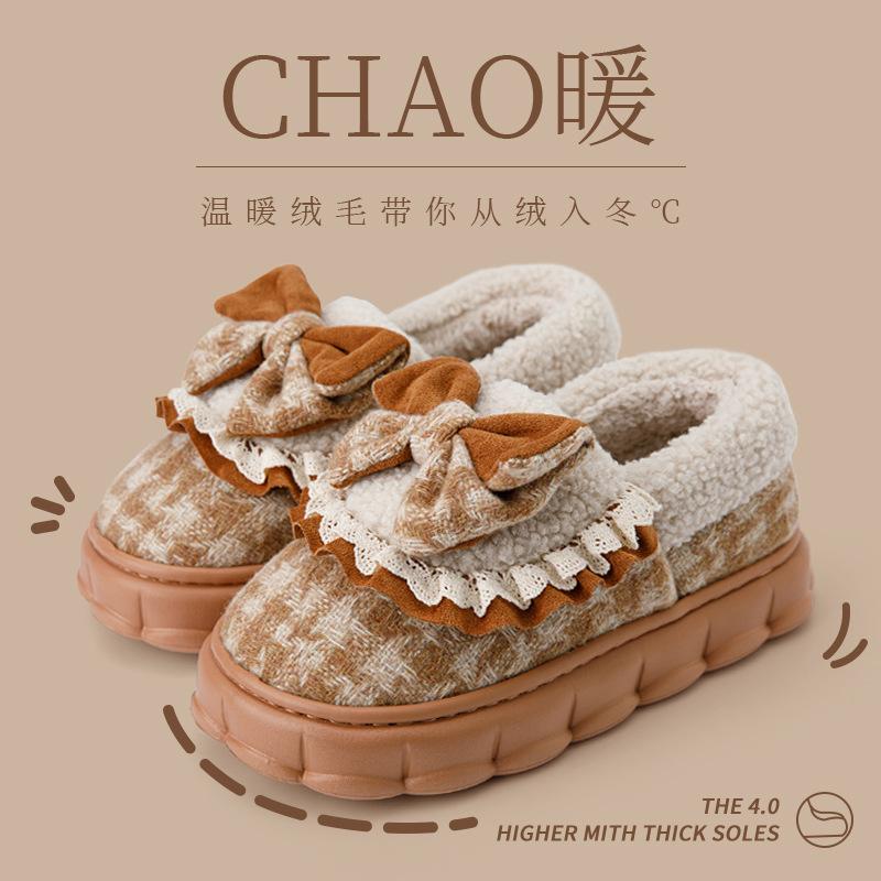 Bow cotton slippers 2025 new indoor home thick-bottomed velvet thermal bag and slippers winter