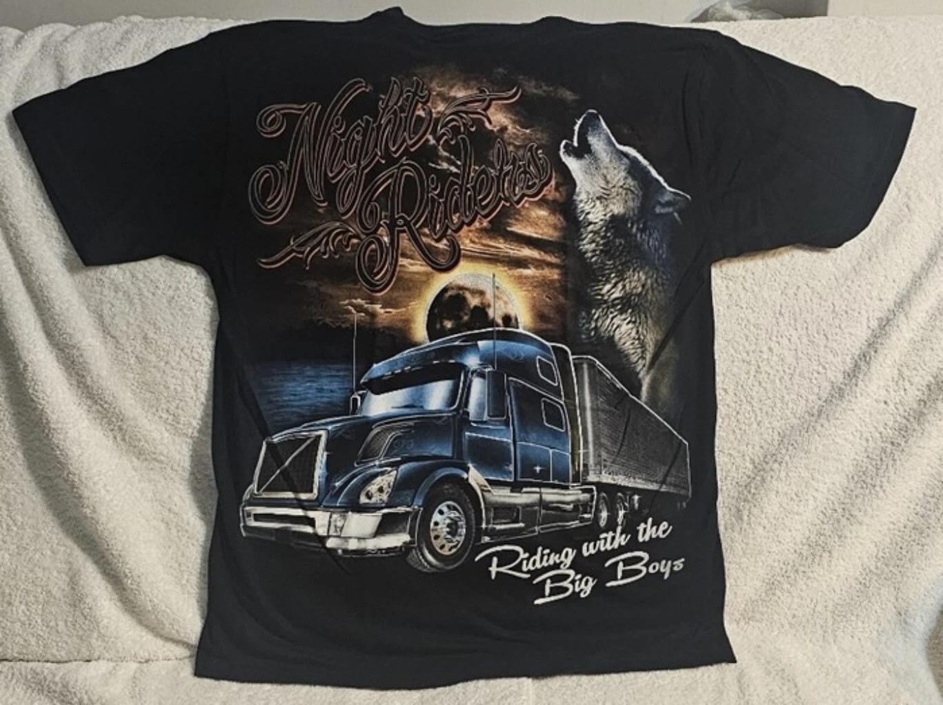SEMI TRUCK WOLF MOON NIGHT RIDERS RIDING WITH THE BIG BOYS TRUCKER T-shirt 2XL