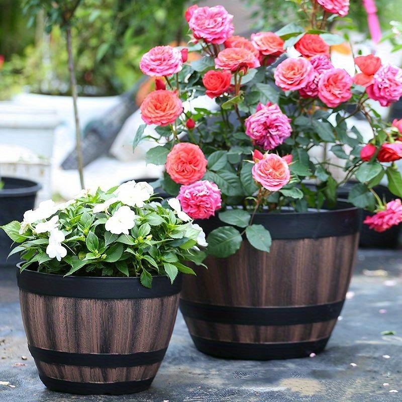 Durable Plastic Round Elegant Whiskey Barrel-Inspired Planter - Indoor & Outdoor Flower Pot for Gardens and Balconies
