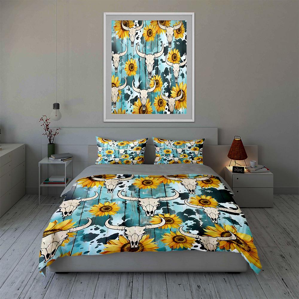 Sunflowers Skulls Woodgrain Bedding Duvet Cover Sets Duvet Covers Pillowcases Gifts (1 * Duvet Cover 2 * Pillowcases, Without Duvet Insert)