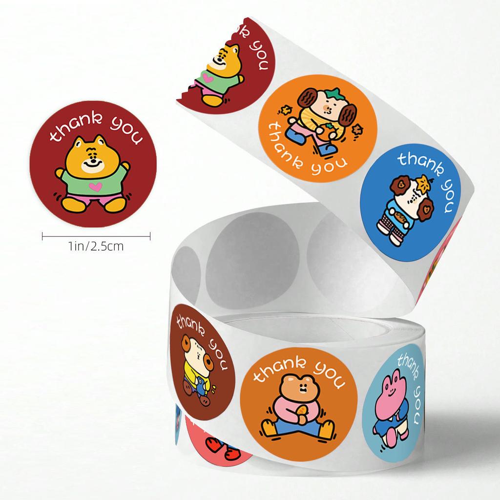 500pcs/roll Cartoon Animal Thank You Round Stickers Bear Puppy Adhesive Labels for Package Envelope Gift Sealing and Craft Decor