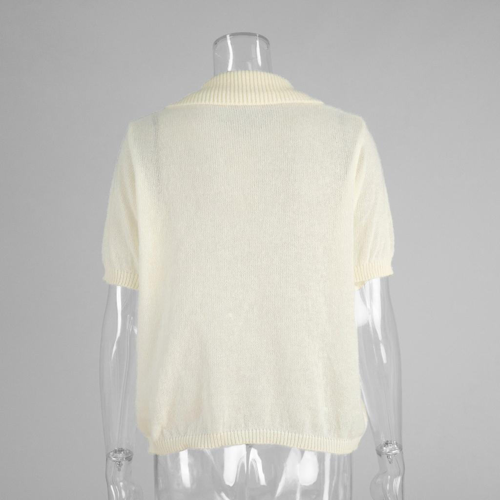 Summer Spring New Women's Hollow Out Knit POLO Short Sleeve Bubble Sleeve Simple Knit Top T-shirt