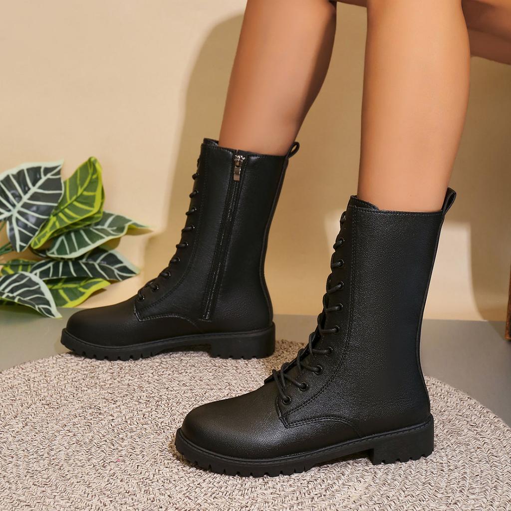 Herbst Damen Mid-Calf Stiefel Große Größe Seitenreißverschluss Britischer Stil Retro Runde Spitze Ritterstiefel Lässig Einfarbig Kurze Stiefel