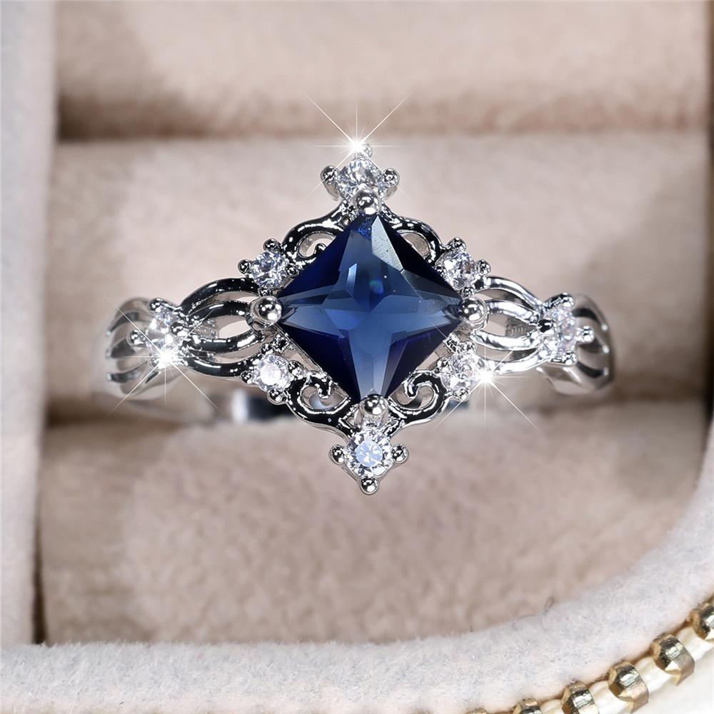 Charm Female Blue White Square Round Zircon Stone Ring CopperColor Dainty Gift Party Wedding Jewelry For Women