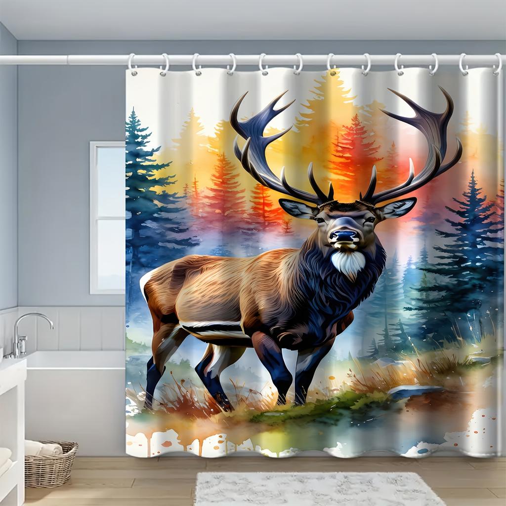 1pc Majestic Elk In Wilderness Art Shower Curtain - Vibrant Forest & River Scene, Digital Print, Polyester, Machine Washable