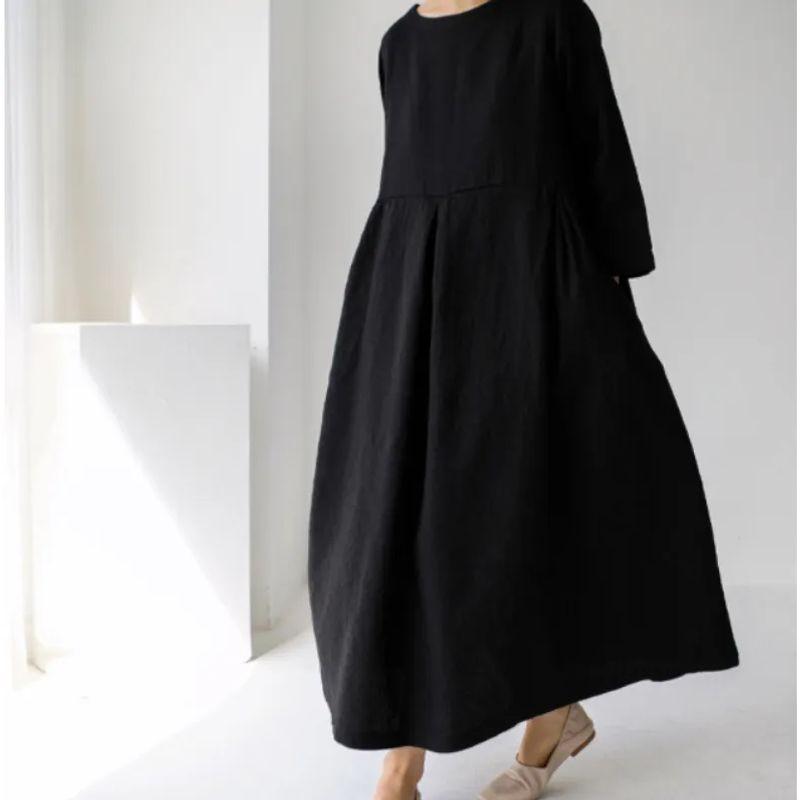 

BF Pullover round Neck over the Knee Long dress Temperament Preppy Mori Women s Bottoming Shirt Plus size Loose Cotton and Linen Dress Women Black Long sleeves XL