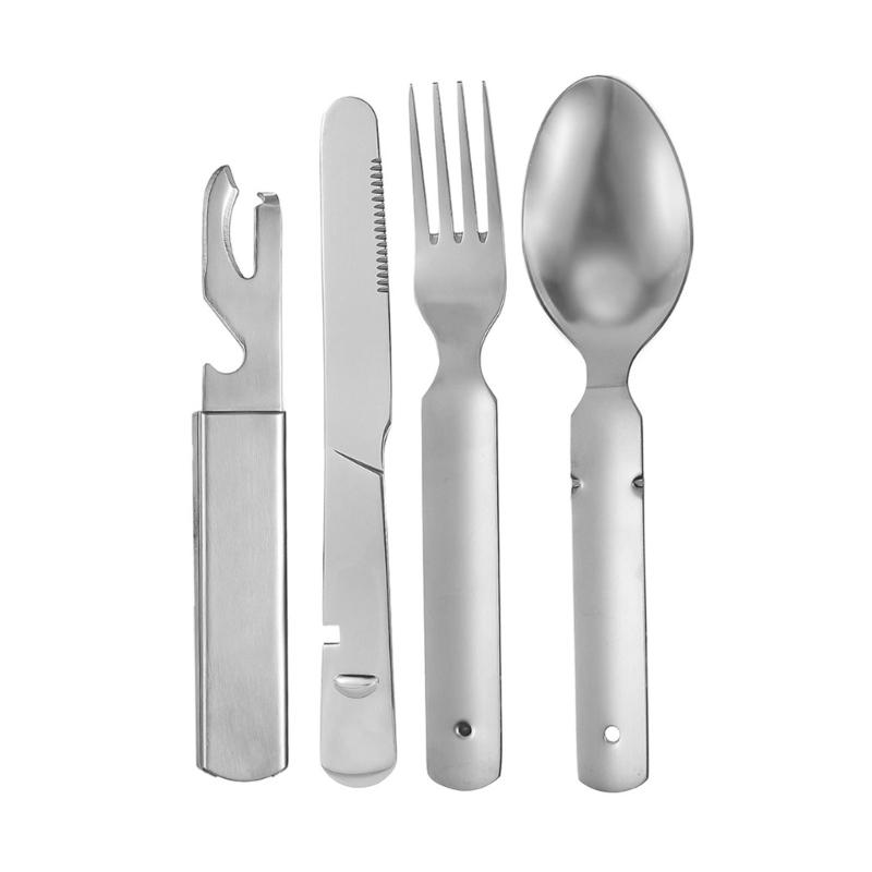 

4 Pack Stainless Steel Travel Utensils Set Outdoor Cutlery Perfect for Campers Includes Spoon Fork Cutter Bottle Opener 1