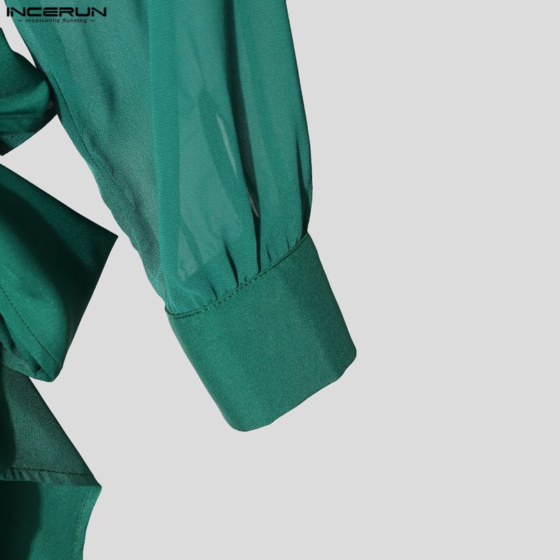 INCERUN Oversized Men V Neck Long Sleeve Bandage Transparent Loose Hooded Tops T-shirts