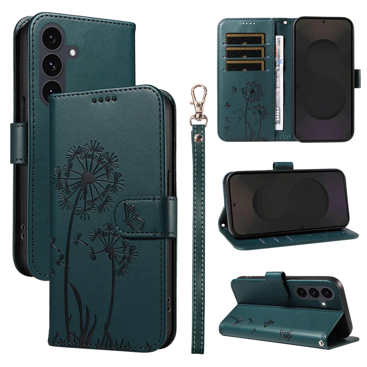 

For Samsung Galaxy S25 FE Leather Wallet Case with Strap Dandelion Imprint Phone Stand Cover Blue