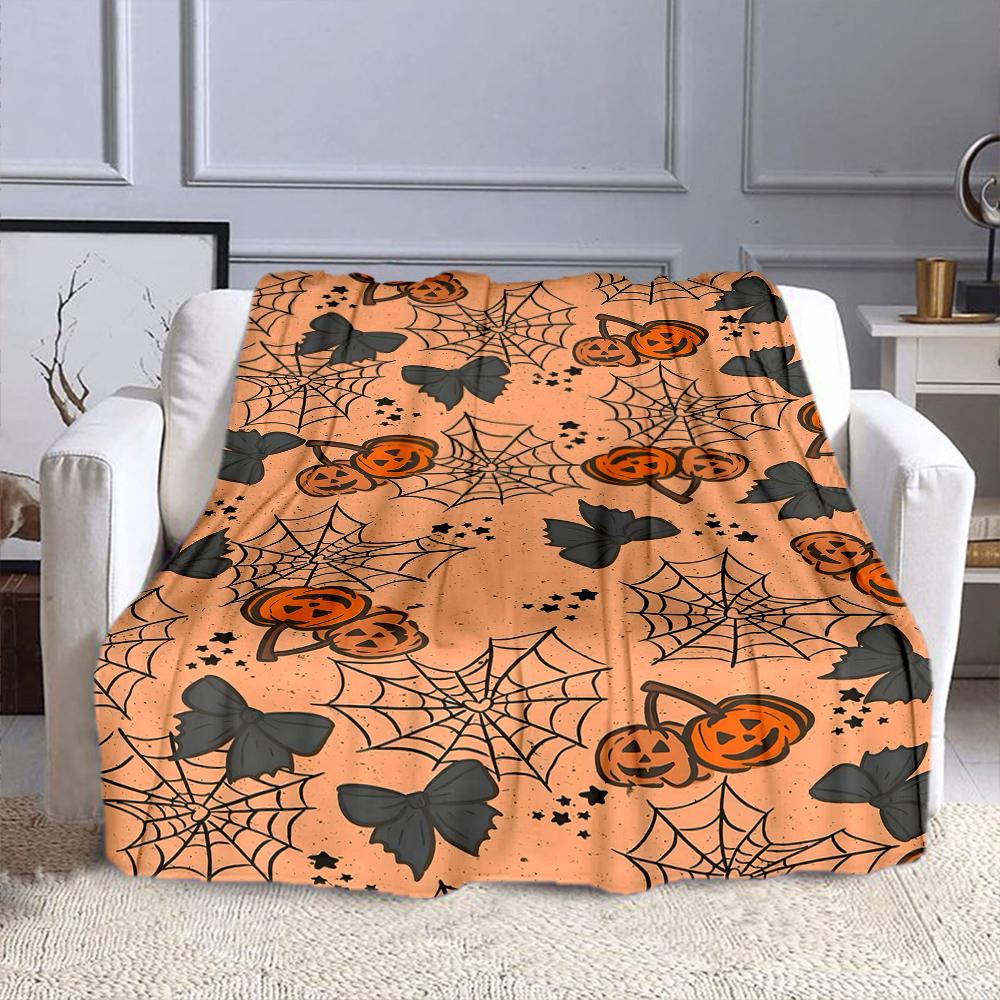 Halloween Pumpkins and Spider Web Pattern Patterned flannel blanket perfect for the bedroom living room, sofa, or a little nap
