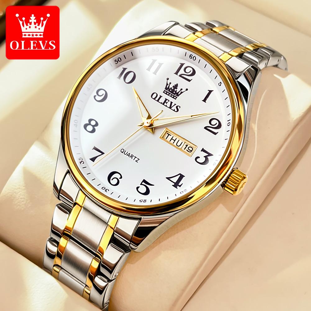 OLEVS 5567 Top Men's Watches Waterproof Gold Stainless Steel Watch Strap Quartz Watch Dual Calendar Luminous Fashion Wristwatch