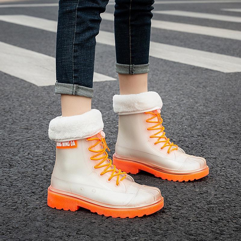 Fashion waterproof rain boots female adult medium rain boots transparent water shoes Martin boots snow boots locomotive boots
