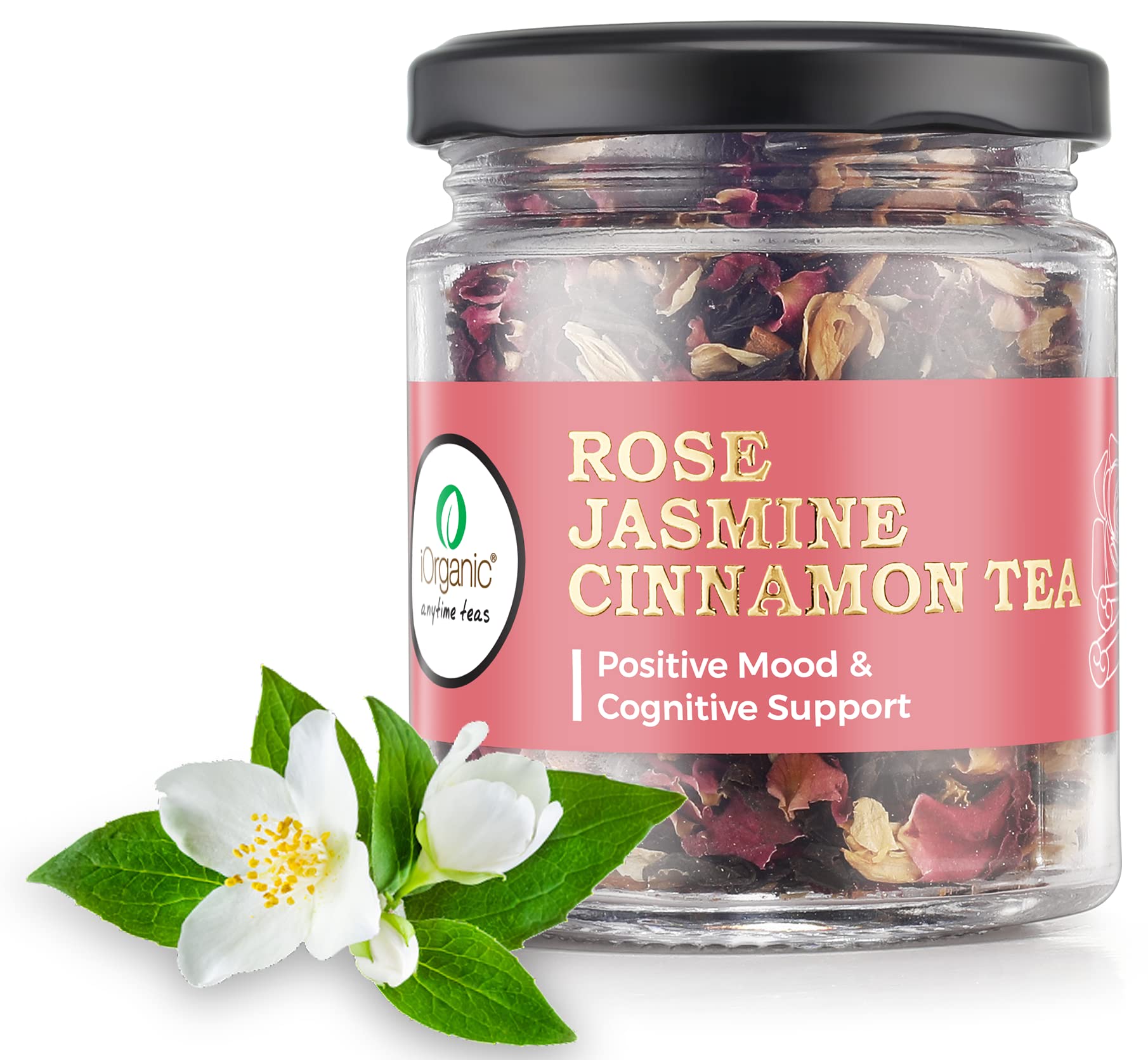 

iOrganic Dried Rose Jasmine Cinnamon Tea | Organic Herbal Infusion for Immunity & Positive Mood | Caffeine Free Floral Loose Leaf with Carda