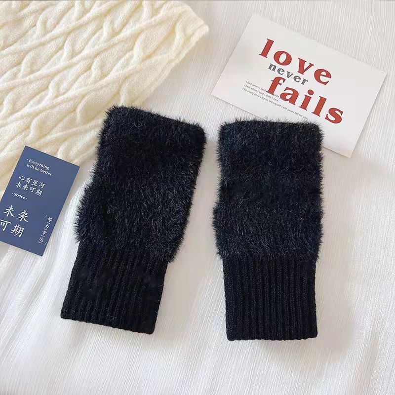 1pair Mink Fleece Soft Winter Half Finger Gloves Women Solid Color Keep Warm Winter Luxury Plush Knitted Wrist Mittens Writting