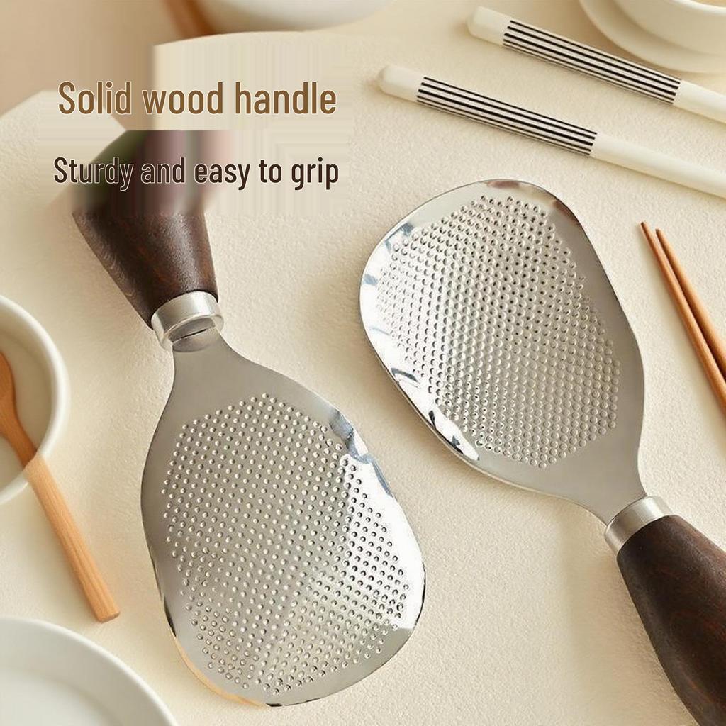 304 Stainless Steel Non-Stick Rice Spoon with Wooden Handle, Standable Design for Home Use