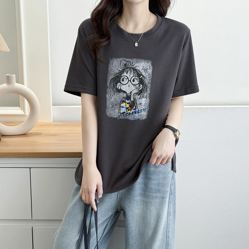 

Летняя женская футболка с мультяшным принтом, повседневная, с круглым вырезом и коротким рукавом - свободная, модная и универсальная Large серый
