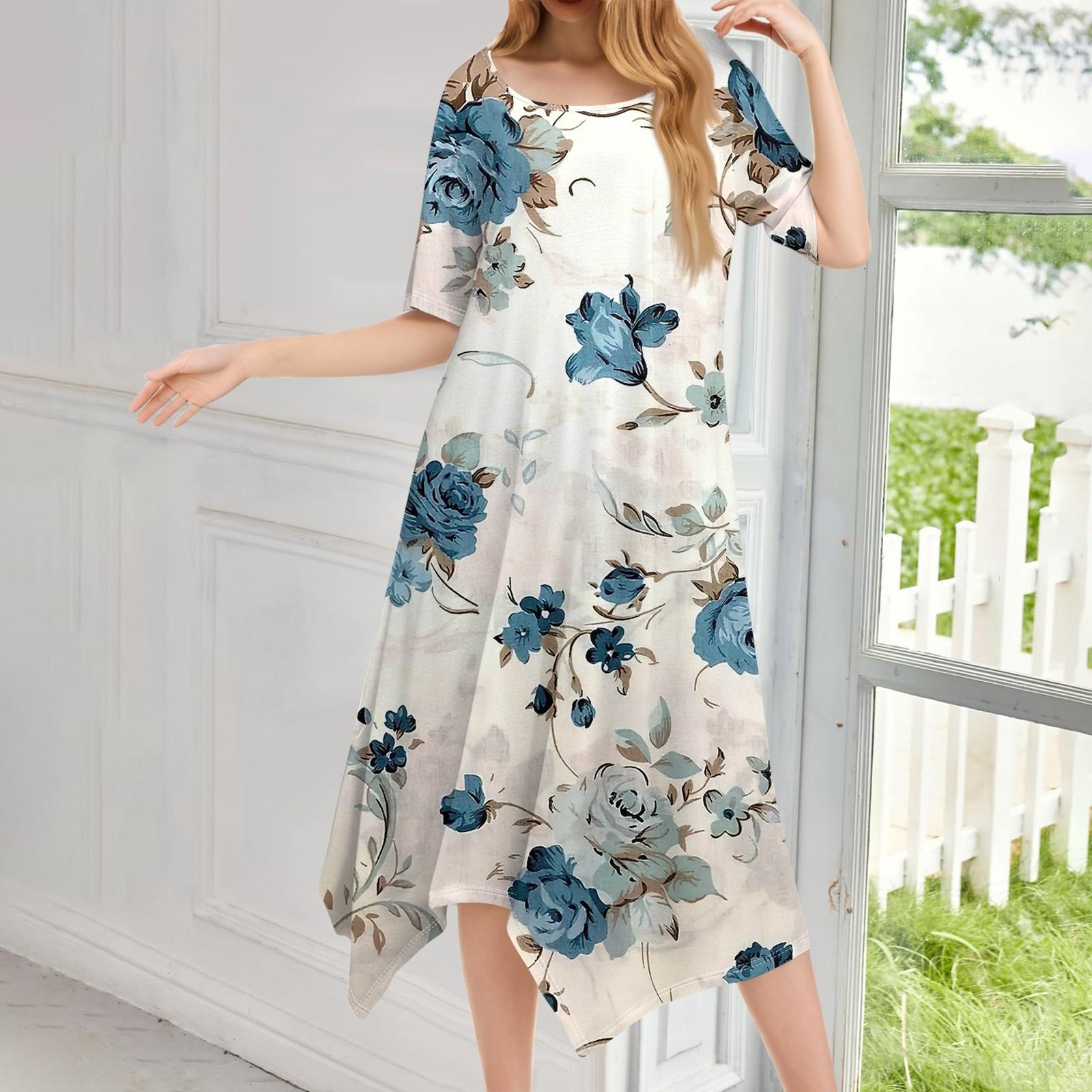 

Женское повседневное модное платье миди с круглым вырезом и коротким рукавом с принтом и неровным подолом L