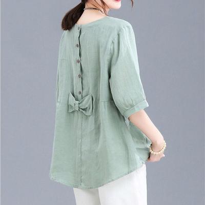 Women Vintage Print Bow Oversized Cotton Linen Blouse Summer Simple Casual Short Sleeve Shirt All Match Comfortable Tops