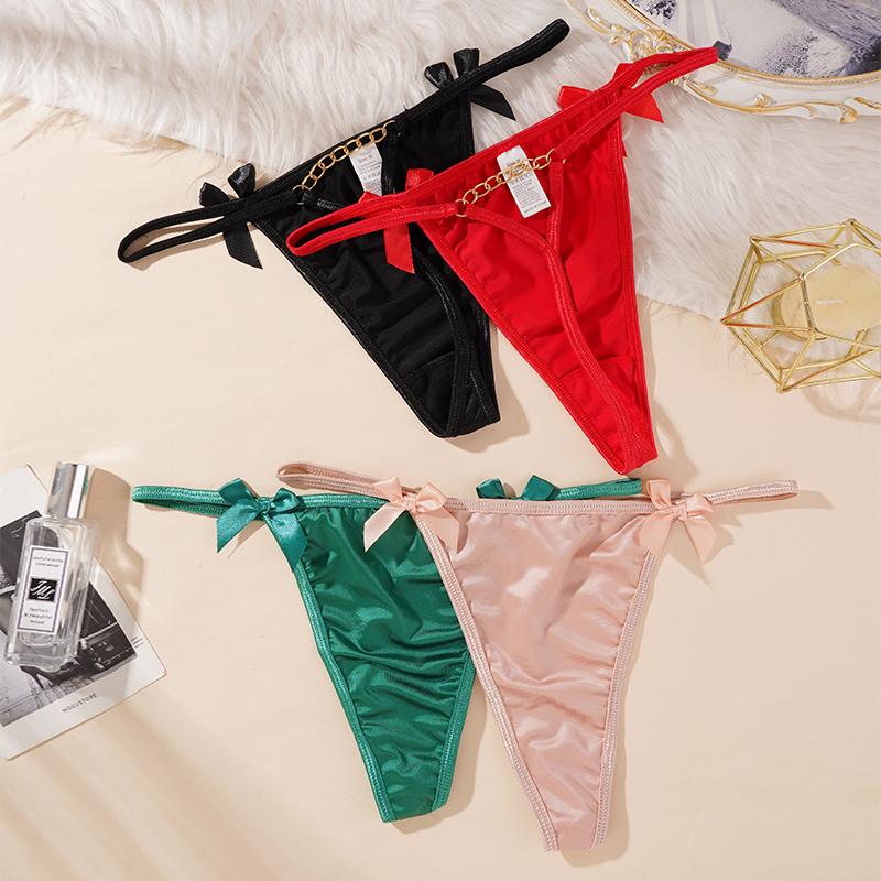 Sexy Chain Thong Seamless Low-waisted G-string Cute Bow Panties Women's Cotton Crotch Underwear