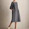 Women's Fashion Casual Crew Neck Medium Sleeve Cotton and Linen Pocket Dress