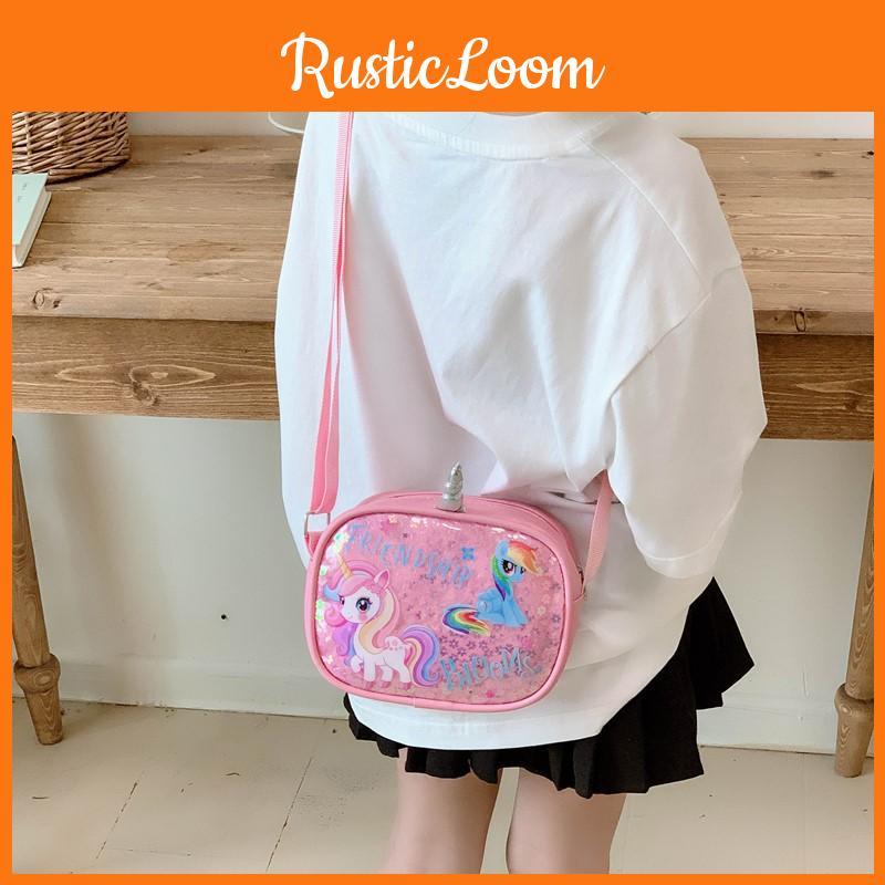 Rainbow Unicorn Cartoon Kids Shoulder Bag With Glitter Sequins For Daily Use