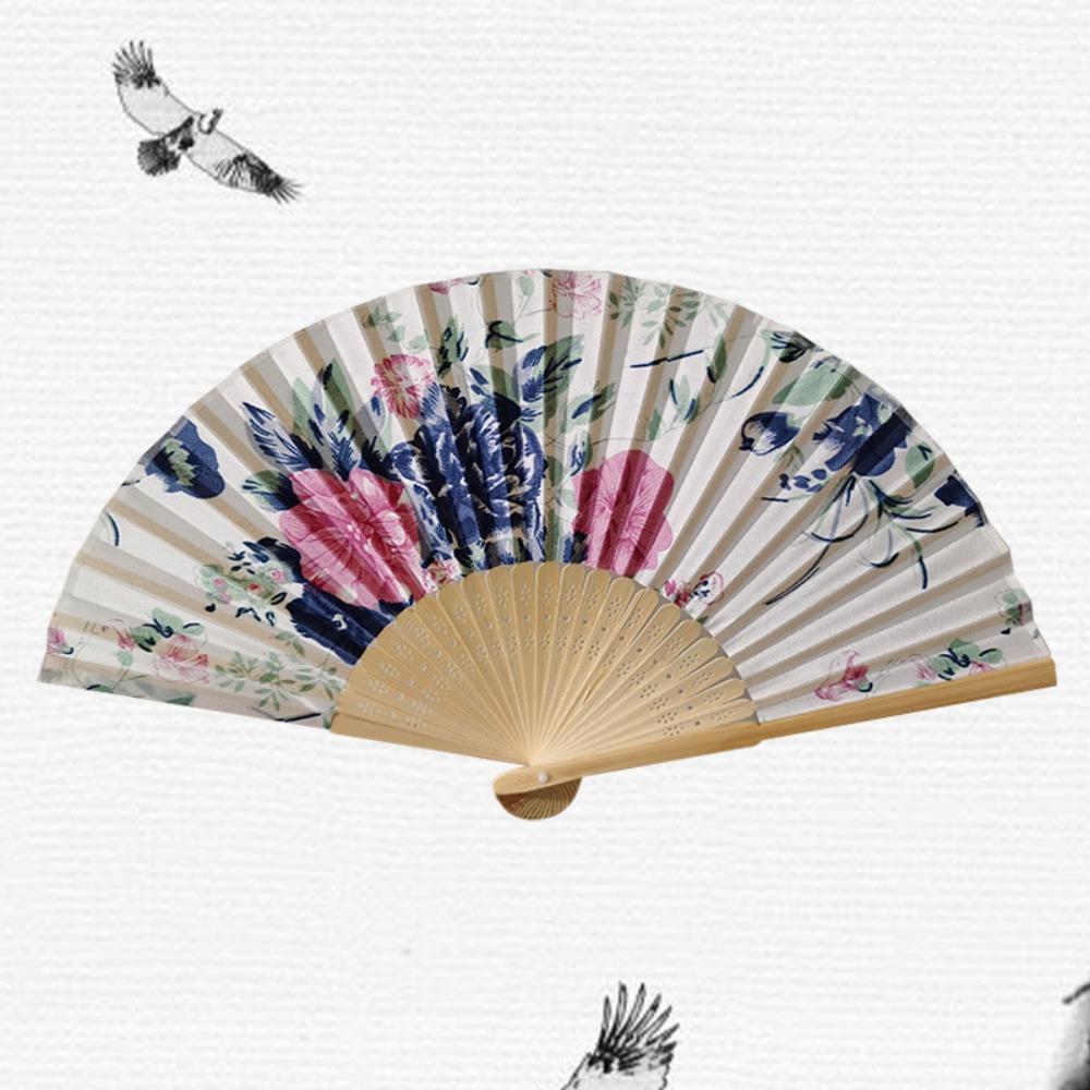 Silk Material Chinese Folding Fan Bamboo Wood Flower Pattern Silk Fan Artificial Silk Folding Design Art Craft Fan