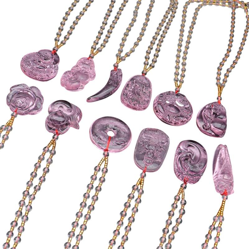[HF]#1Pc Chinese Style Pink Imitation Crystal Guanyin Buddha Necklace Versatile Sweater Chain Fashion Jewelry Mother's Day Gift