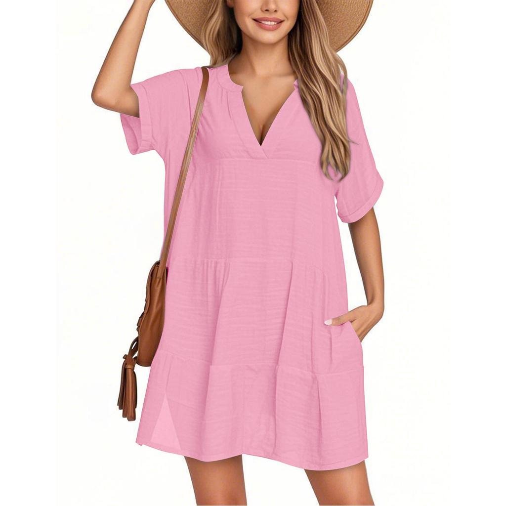 Women's Fashion Smock Casual Short-sleeved V-neck T-shirt Dress Holiday Beach Dress