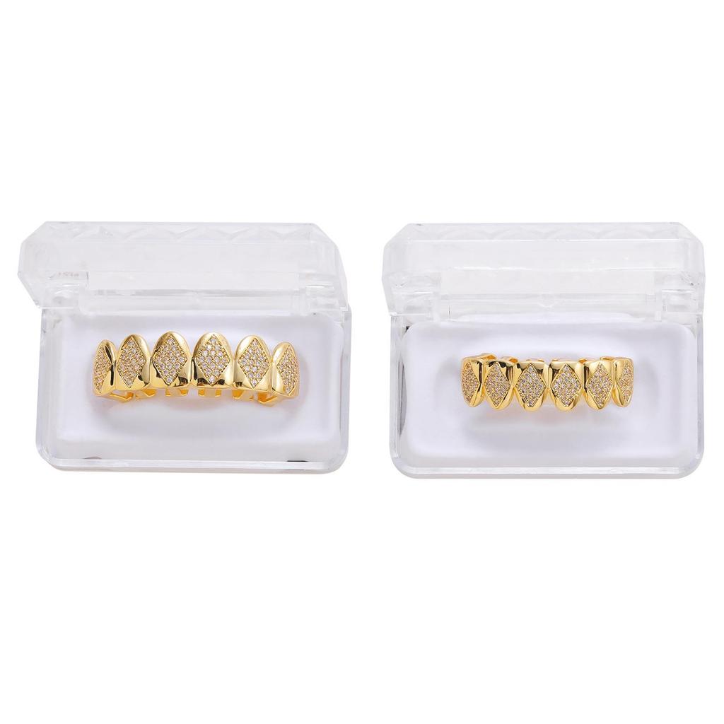 Full Diamond Rhombus Geometric Halloween Hip Hop Tooth Covers for Men & Women – Gold, High-End Accessory