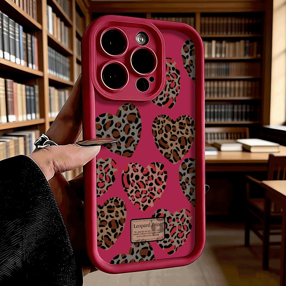 Leopard Print Heart Pattern Soft TPU Phone Case for iPhone 17 16 15 14 13 12 11 Pro Max Plus Shockproof Anti-Slip Cover