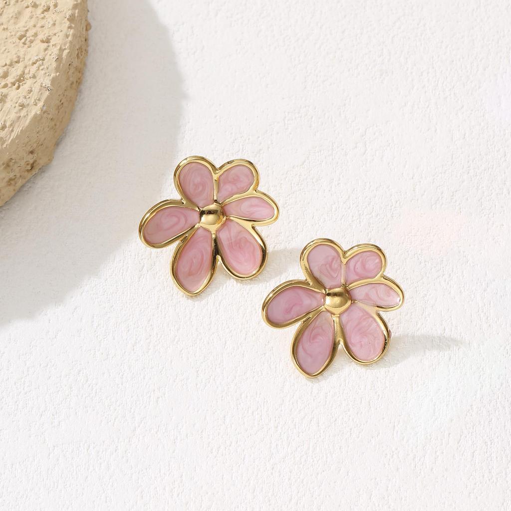 304L Stainless Steel Black Enamel Flower Drop Earrings for Women