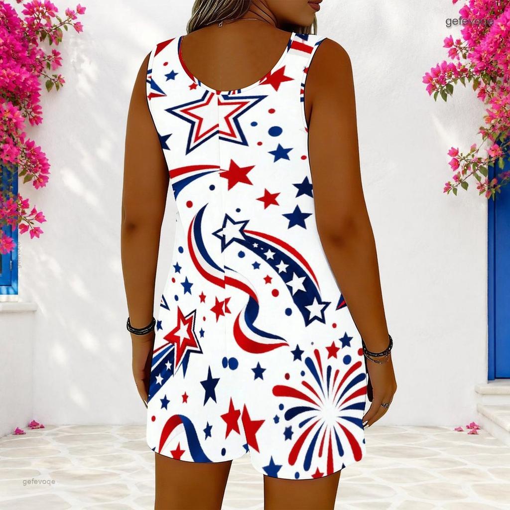 Women Plus Size Red Blue White Star Printed Sleeveless Ring Strap Scoop Neck Loose Romper With Pockets