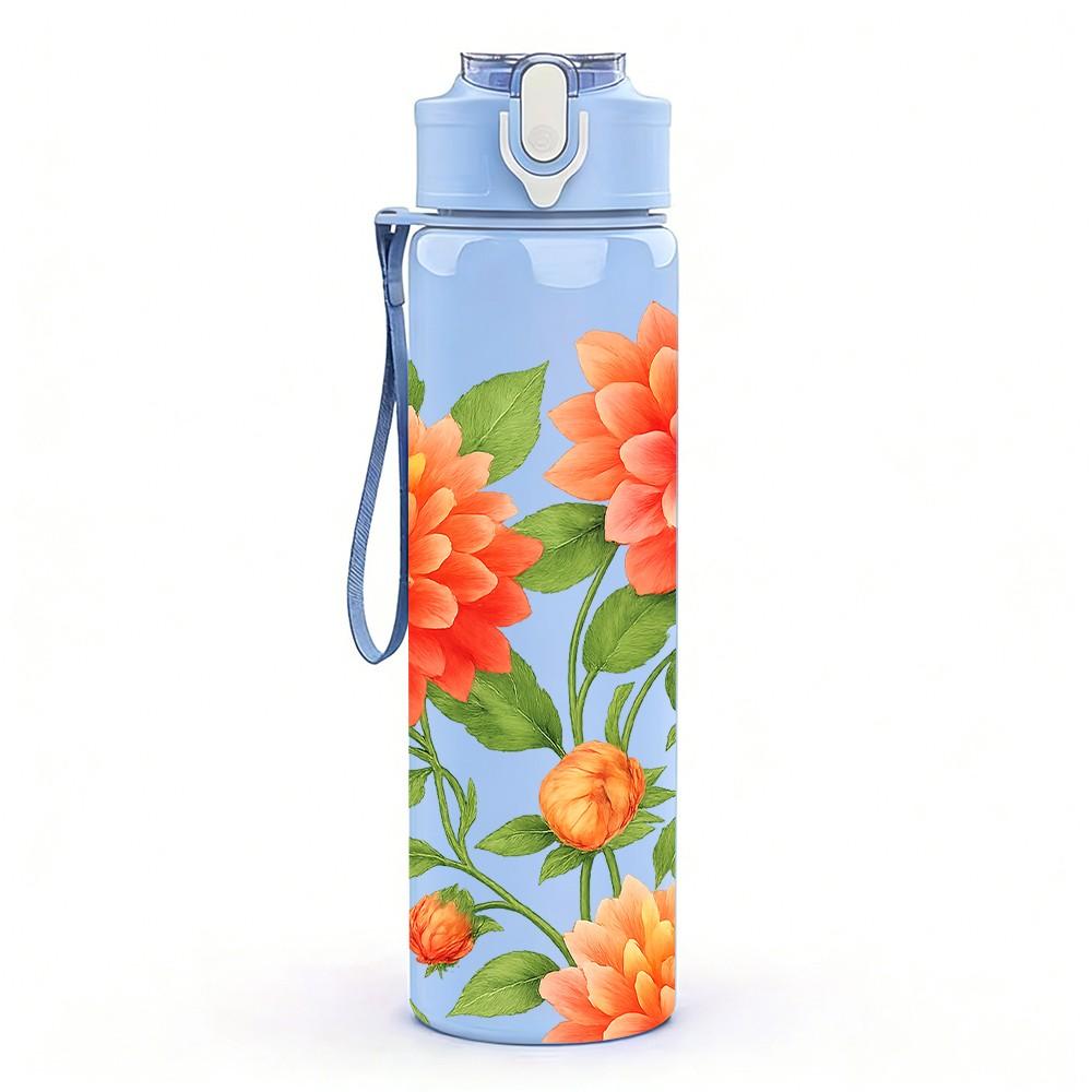 1PC Bright Orange Red Peony Flower Print 750ml Color Plastic Sports Water Bottle Leakproof Flip Straw Lid Suitable for Sports Office Home Use