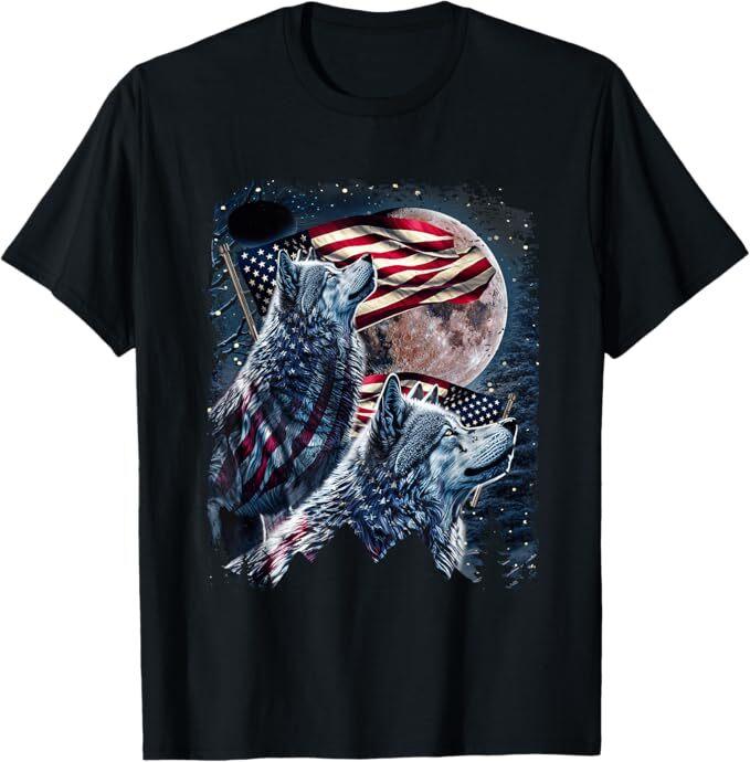 

Wolf 4th of July American Flag Howling Wolves Under Moon T-Shirt 4XL