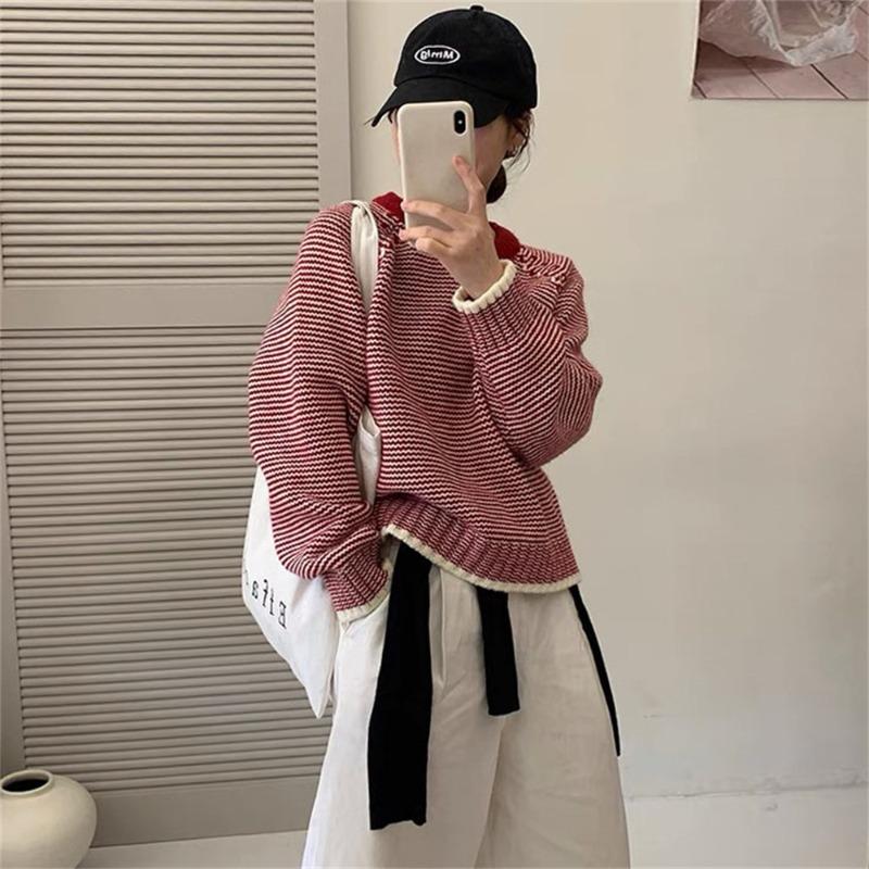 Fauler Retro-Gestreifter Pullover Damen Herbst und Winter Locker Kleiner Rundhals Gestricktes Oberteil
