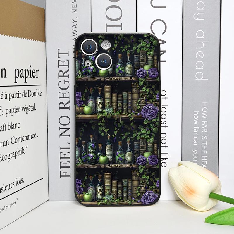 Vintage Totenkopf Blume Bücherregal Bemalte Handyhülle für IPhone 16 12 11 14 13 15 Pro Max Mini X XS XR SE2020 7 8 14Plus Weiche Hülle