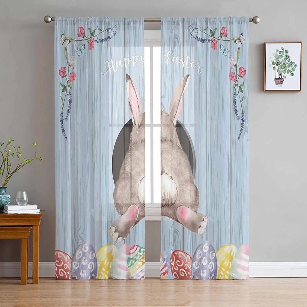 Easter Bunny Tail Wood Curtain Colorful Eggs Happy Transparent Voile Curtains Living Dining Room Bedroom Drapes Light Filtering For Sleeping Area